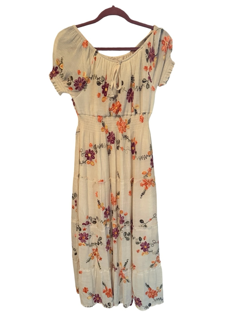 Bohemian Cream Floral Embroidered Maxi Dress